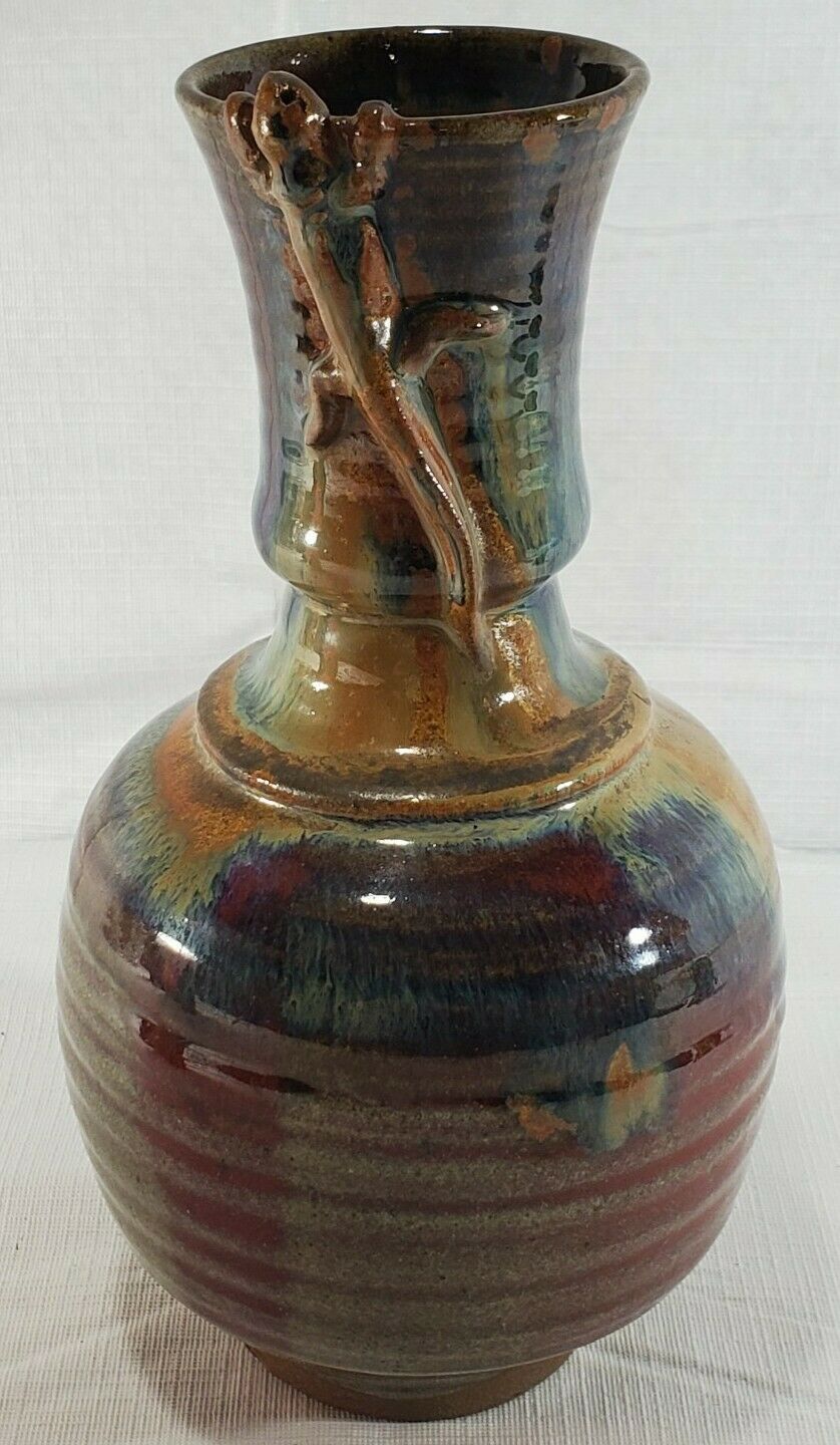 Vintage Pottery Vase With Lizard Motif On Neck Signed By Artist (norman Brown?)