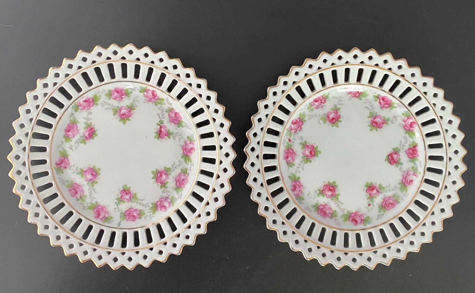 Two Unmarked Lace Edge Small Plates With Pink Roses - 5 3/4"