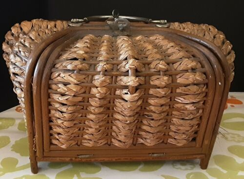 Antique Wicker Sewing Basket W/padded Lining  11x9x 6.5 In. C.1915