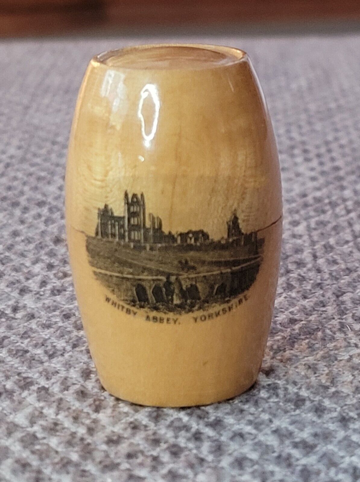Mauchline Transfer Ware Thimble Case In Barrel Shape - Whitby Abbey, Yorkshire