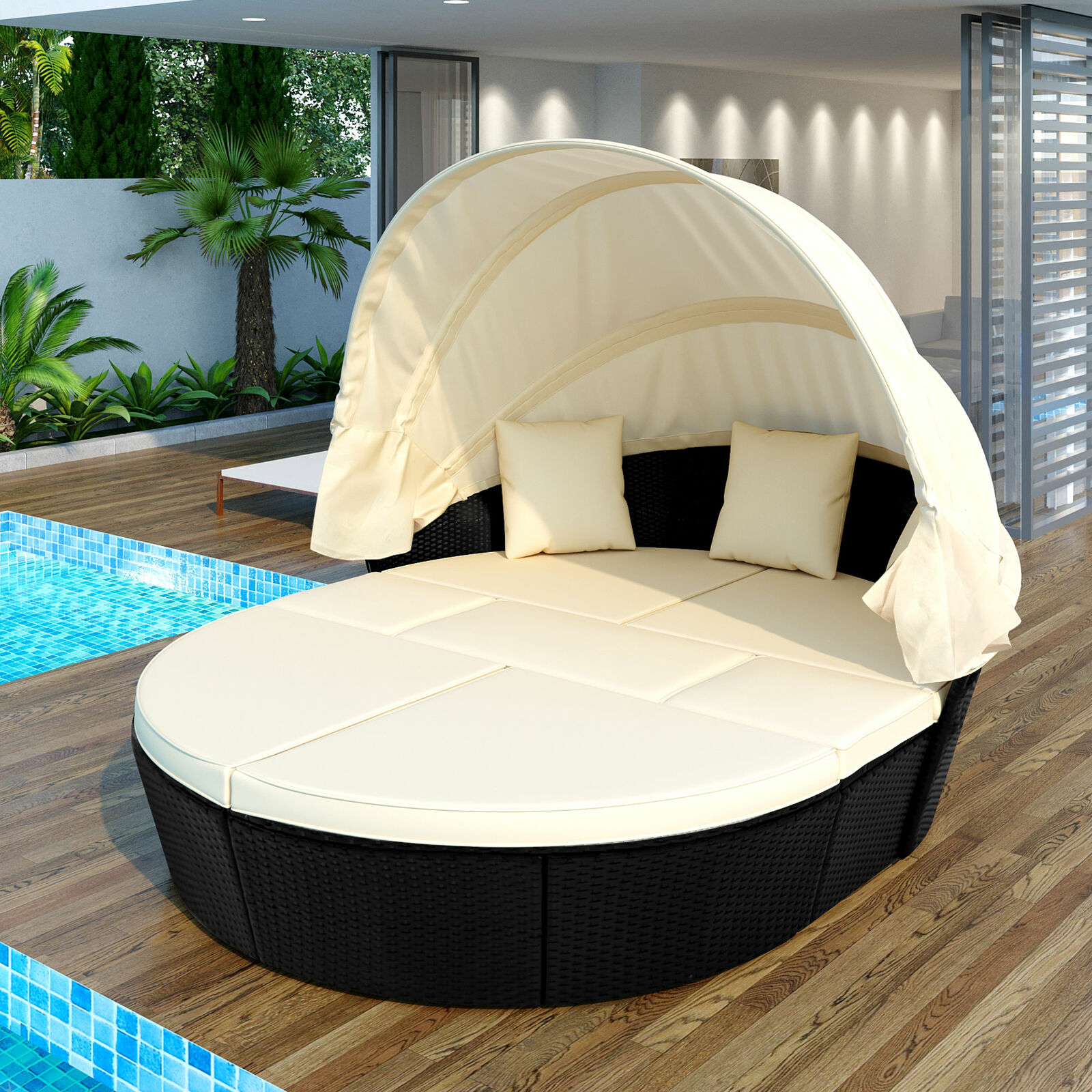 Patio Furniture Set Round Outdoor Sectional Sofa Set Sunbed Retractable Canopy