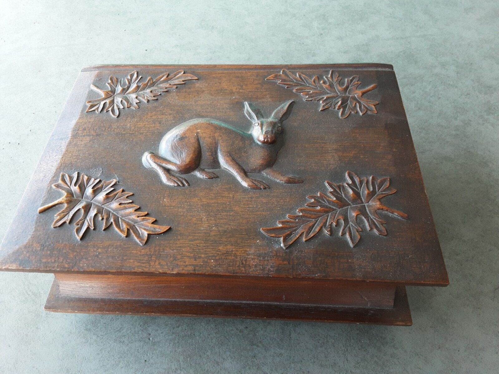 Antique Black Forest Fitted Sewing Box. Rabbit & Oak Leaves, Book Shaped
