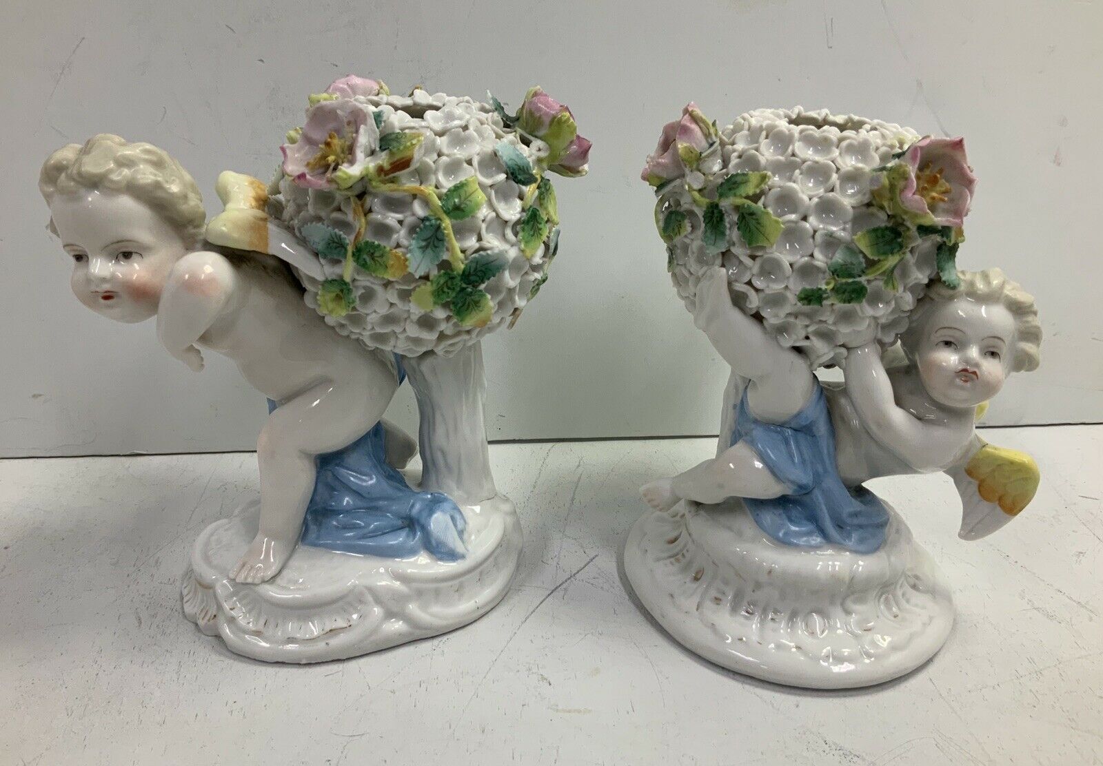 Pair Of Antique Porcelain Cherub Angels With Floral Accents Foundartshopcom