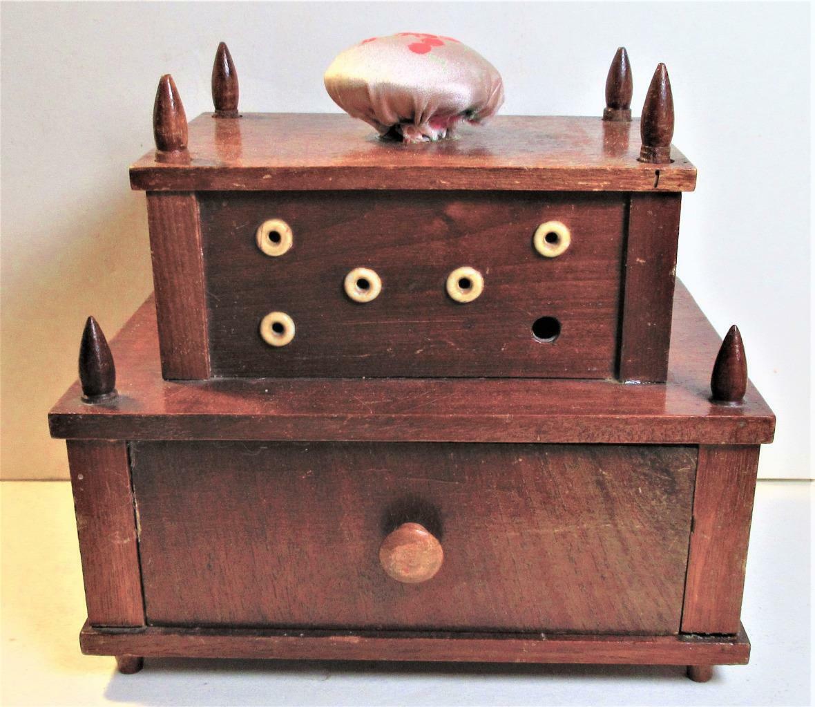 Mid To Late 1800's Sewing Thread Box With Drawer & Pin Cushion With Contents